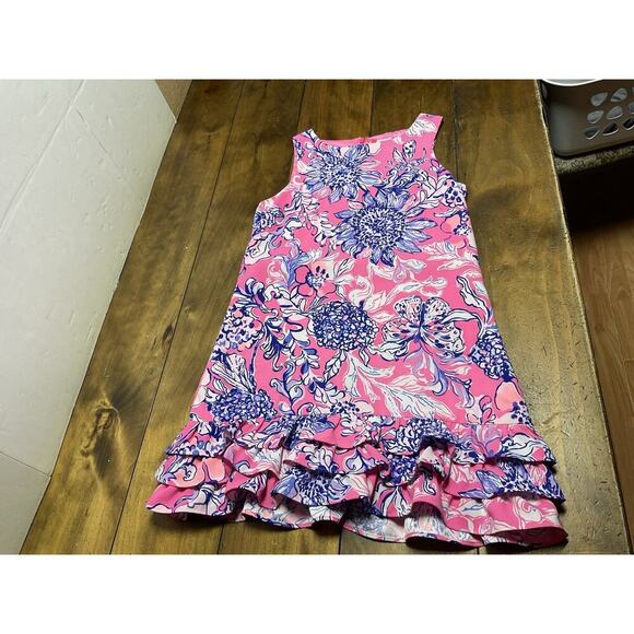 Lilly Pulitzer Marla Romper Pink Tropics Ruffle Sunflower Sun Drenched Size 4 - Picture 1 of 11